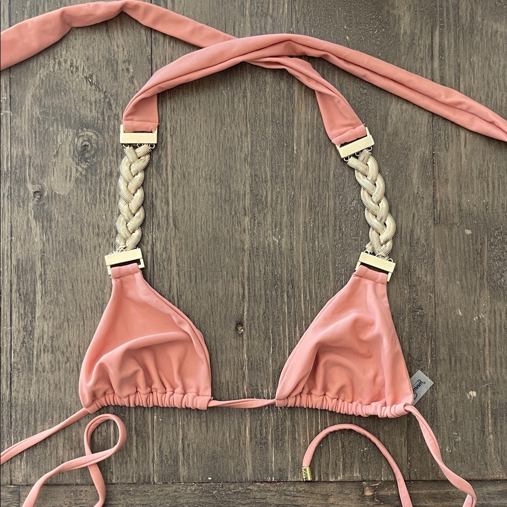 Beach Bunny Coral Pink Triangle Bikini Top with Gold Braided Straps